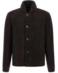 Brioni - Ribbed-Sleeve Suede Bomber Jacket - Lyst