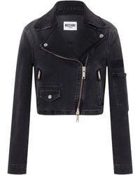 Moschino - Denim Cropped Biker Jacket - Lyst