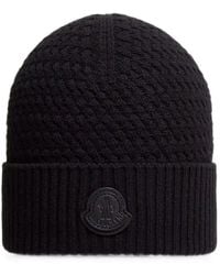 Moncler - Logo-Patch Cable-Knit Beanie Hat - Lyst