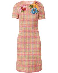 Carolina Herrera - Floral-embroidered Tweed Dress - Lyst