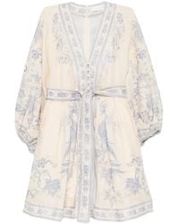 Zimmermann - V-Neck Linen Mini Dress With Button-Down Front, Removable Belt & Invisible Back Zip (Size 0) - Lyst