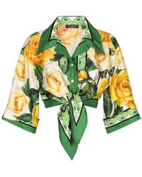 Dolce & Gabbana - Rose-print Cropped Silk Shirt - Lyst