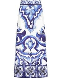 Dolce & Gabbana - Jupe mi-longue fendue en charmeuse à imprimé majoliques - Lyst