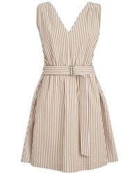 Brunello Cucinelli - Techno-Cotton Striped Seersucker Belted Mini Dress With Monili - Lyst