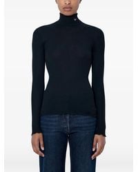 Prada - Ribbed-Knit Wavy-Hem Turtleneck Wool T-Shirt - Lyst