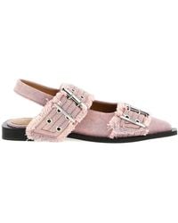 Ganni - Buckle Fringed Denim Flat Pumps - Lyst