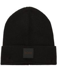 BOSS - Logo-Patch Ribbed-Knit Beanie Hat - Lyst