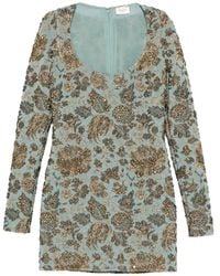 Saint Laurent - Floral-Brocade Long-Sleeves Mini Dress - Lyst