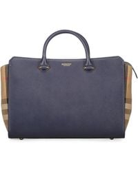 Burberry - Check-Panel Leather Tote Bag - Lyst