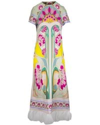 La DoubleJ - Feather-Trim Graphic-Print Maxi Dress - Lyst