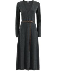 Brunello Cucinelli - Cashmere Knit Dress With Belt And Monile - Lyst