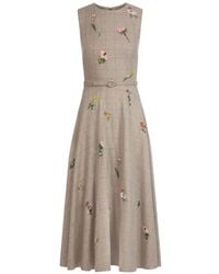 Oscar de la Renta - Floral-Embroidered Plaid Flared Midi Dress - Lyst