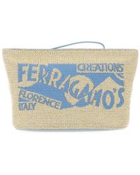 Ferragamo - Logo-embroidered Raffia Make Up Bag - Lyst
