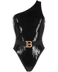 Balmain - Sequined One-Shoulder Swimsuit - Lyst