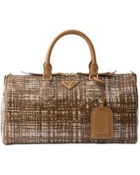 Prada - Medium Linen Blend And Leather Top-Handle Bag - Lyst
