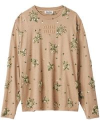 Miu Miu - T-shirt en coton à appliqués fleurs - Lyst