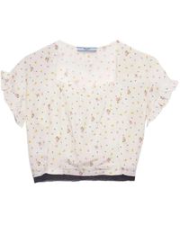 Prada - Kurzärmliges Crop-Top Aus Pongé Mit Blumen-Print - Lyst