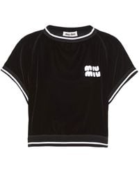 Miu Miu - Logo-patch Velvet Cropped T-shirt - Lyst