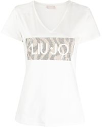 Liu Jo - V-neck Rhinestone-embellished T-shirt - Lyst
