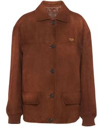 Prada - Logo-Patch Suede Shirt Jacket - Lyst