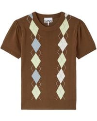 Ganni - Argyle-Pattern Puff-Sleeve T-Shirt - Lyst