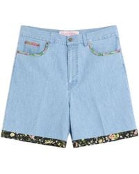 Valentino Garavani - Denim Bermudas Shorts With Floral Print Hem - Lyst