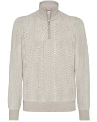Brunello Cucinelli - Trui Met Visgraatpatroon En Halve Rits - Lyst