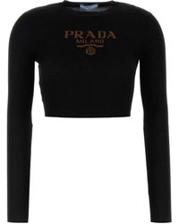 Prada - Geribbeld T-Shirt Met Lange Mouwen En Logo - Lyst