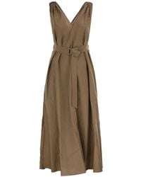 Brunello Cucinelli - Belted V-Neck Midi Dress - Lyst