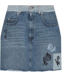 Marni - Denim Mini-Rok Met Franje En Borduurwerk - Lyst