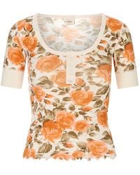 Chloé - Floral-Print Ribbed-Knit T-Shirt - Lyst
