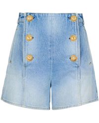 Balmain - Denim Shorts Met Logo Knopen - Lyst