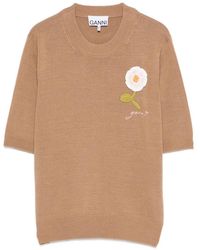 Ganni - Floral-Appliqué Short-Sleeve Sweater - Lyst