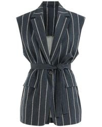 Brunello Cucinelli - Double Chalk Stripe Cotton And Linen Denim Belted Vest With Monili - Lyst