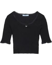 Prada - Cropped Ribbed Cotton T-Shirt - Lyst
