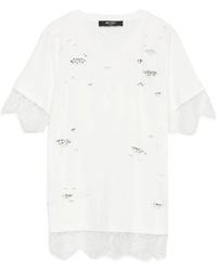 My Twin - Lace-Trim Distressed Cotton T-Shirt - Lyst