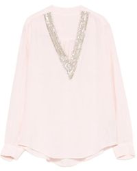 120% Lino - Embellished V-Neck Linen Blouse - Lyst
