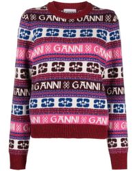 Ganni - Pull en maille intarsia à col rond - Lyst