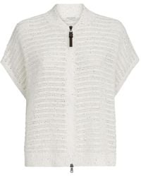 Brunello Cucinelli - Linen Diamond Yarn Cardigan With Openwork Stripes And Shiny Zipper Pull - Lyst