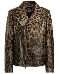 Dolce & Gabbana - Leo-Print Leather Jacket - Lyst
