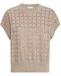 Brunello Cucinelli - Cashmere Knit T-Shirt With Dazzling Windowpane Embroidery - Lyst