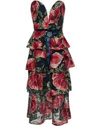 Marchesa - Floral-embroidered Tiered Midi Dress - Lyst