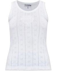Ganni - Logo-Patch Pointelle-Knit Top - Lyst