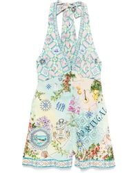 CAMILLA - Graphic Print Silk Jumpsuit With Halterneck Tie And V-Neckline - Lyst