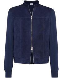Brunello Cucinelli - Suede And Cotton Knit Bomber Jacket - Lyst