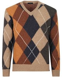 Fay - Argyle-Knit V-Neck Sweater - Lyst