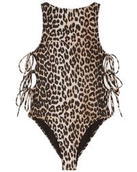 Ganni - Leopard-Print Side-Tie Swimsuit - Lyst
