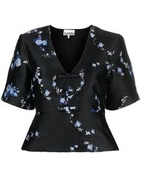 Ganni - Floral-Jacquard V-Neck Blouse - Lyst