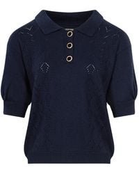 Alessandra Rich - Pointelle-Knit Puff-Sleeve Polo Top - Lyst