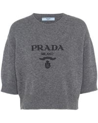 Prada - Logo-intarsia Cropped Wool Jumper - Lyst